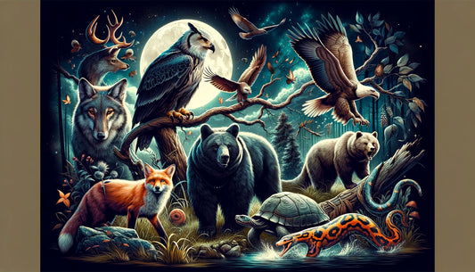 Dynamic scene with a wise owl, cunning fox, loyal wolf, resilient bear, soaring eagle, mysterious snake, playful otter, grounded turtle, fierce lion, and intuitive deer in a dramatic, wild setting.