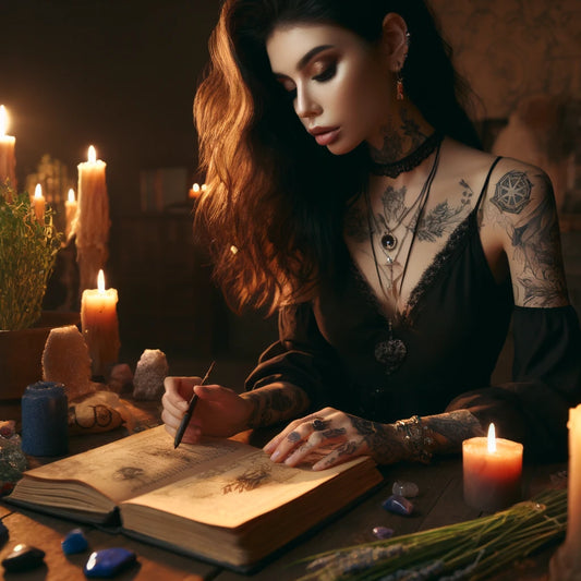 A modern witch writing in her Book of Shadows surrounded by magical tools.