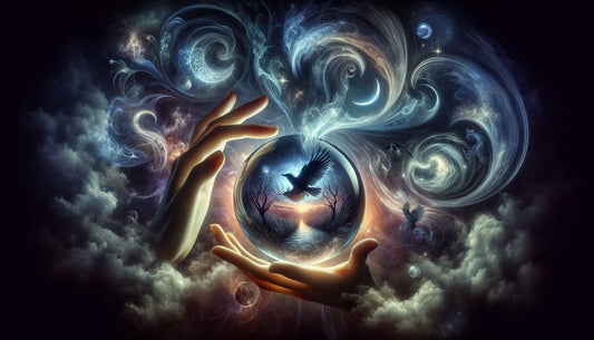 A witch's hand hovers over a glowing crystal ball, smoke curling from her fingertips. The ball reflects dream imagery: a crescent moon, a winding path, a raven's wing.