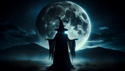 Lone witch bathed in moonlight, arms outstretched, channeling power and defying conformity.